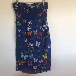Anthropologie blue butterfly strapless dress
